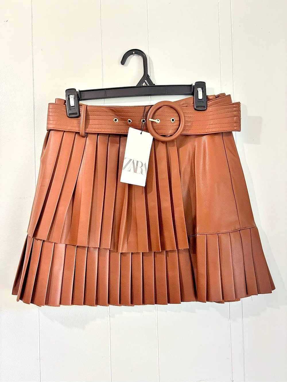 Zara Faux Leather Pleated Mini Skirt with Belt Brown Medium